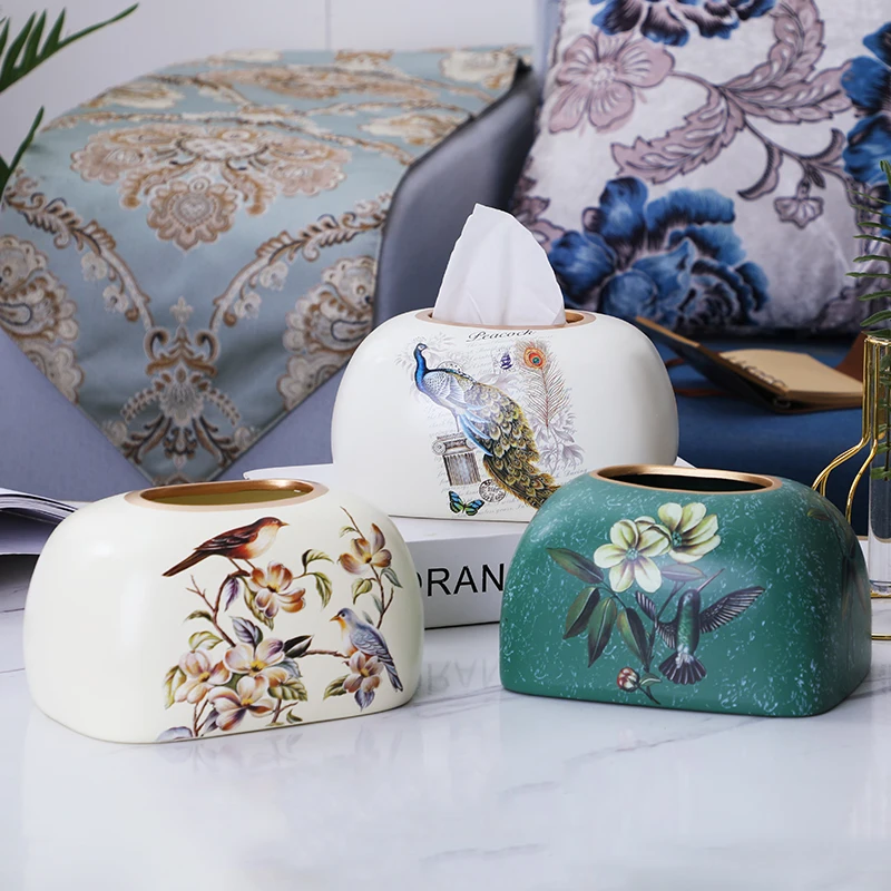 

European Style Flower and Bird Ceramic Tissue Box Oval Napkin Container Coffee Table Desktop Storage Porcelain Car Tissue Box