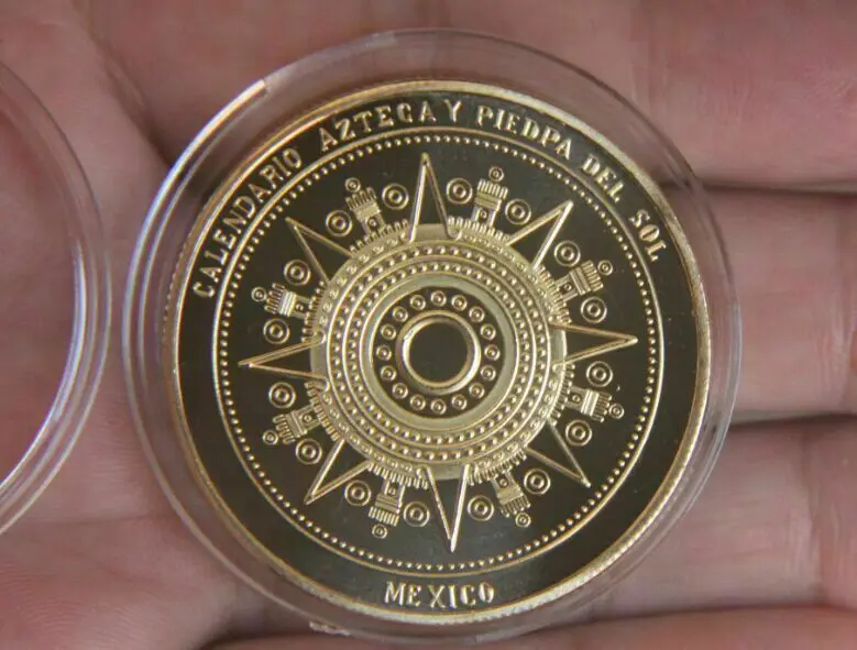 Maya Calendar Plated Coin Souvenir Mayan Aztec Badge Pin Mexico Gift Gold Color Vintage Collection