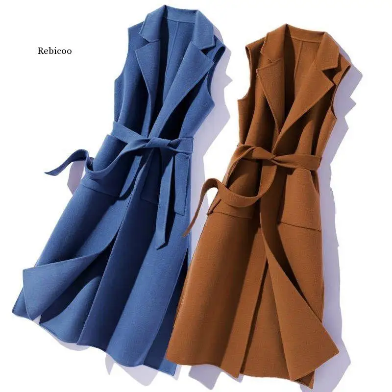 

New Women Autumn Spring Woolen Vest Coat Lady Long Female Coat Casual Sleeveless Solid Color Vest Jacket