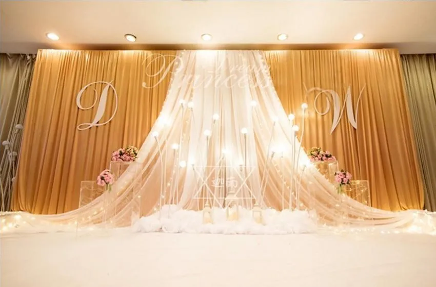 Luxury 3*6m 10ft*20ft ice silk gold wedding backdrop stage curtain with white yarn Stage Prop Fashion Drape Curtain Backdrops