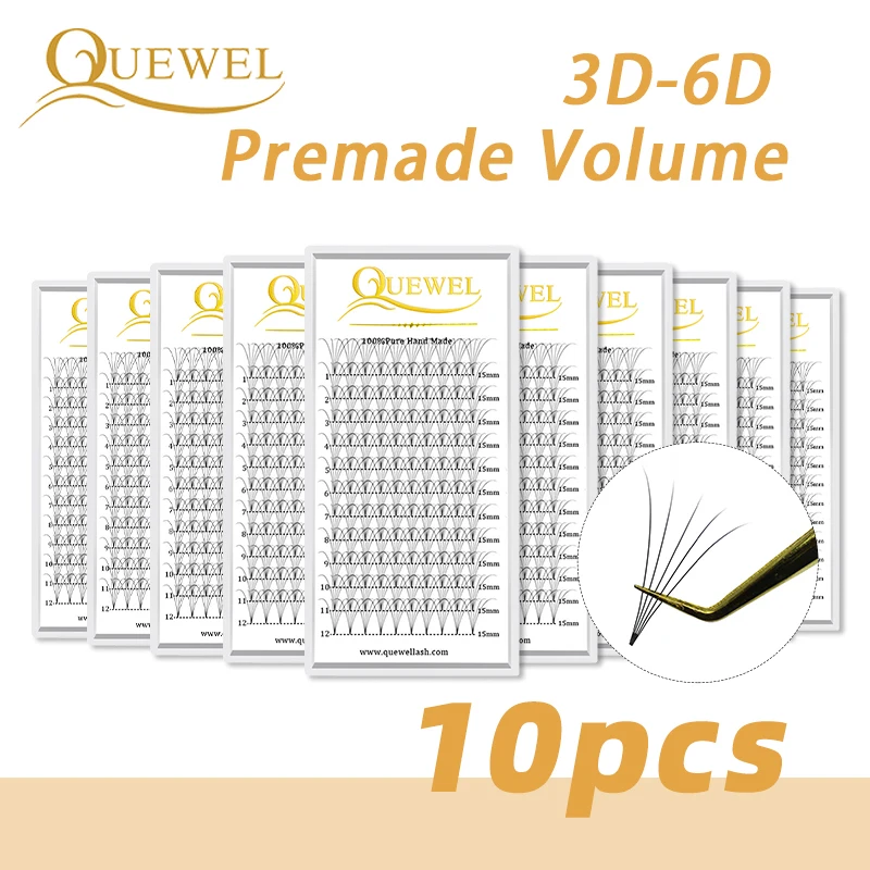 Quewel Premade, объемные ресницы, 10 коробок, русские объемные ресницы для наращивания, короткие стебли, накладные ресницы из искусственной норки, оптовая продажа