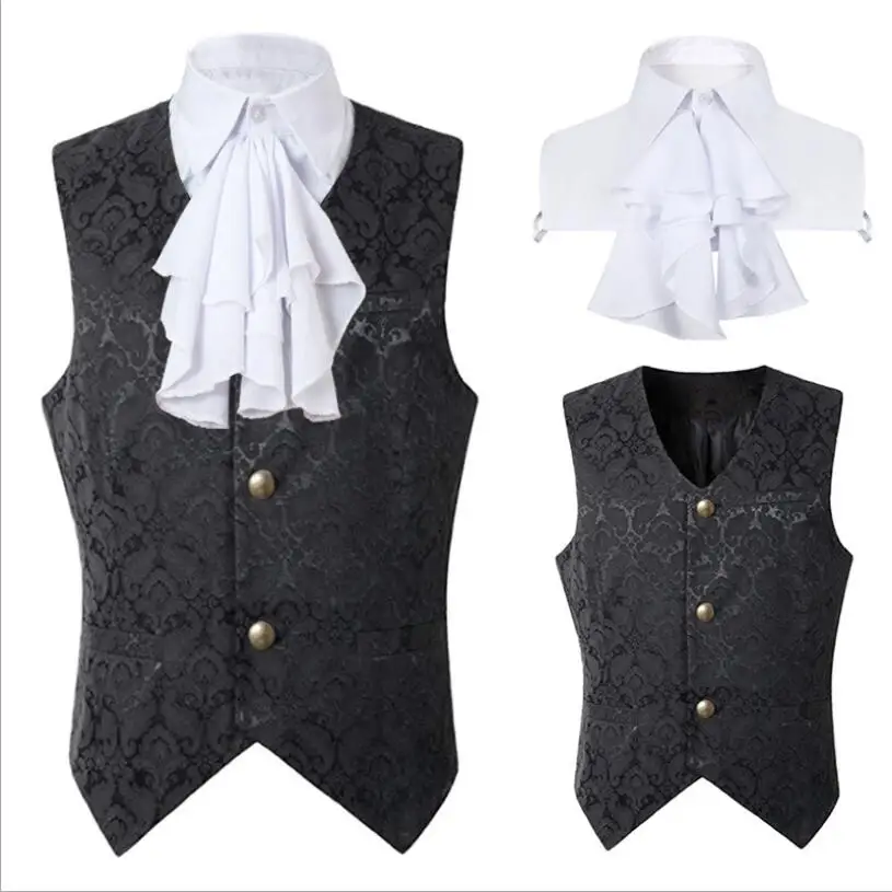 Victorian Renaissance Waistcoat With Detachable Collar Ruffled Lace Jabot Neck Collar Colonial Regency Cosplay Costume Steampunk