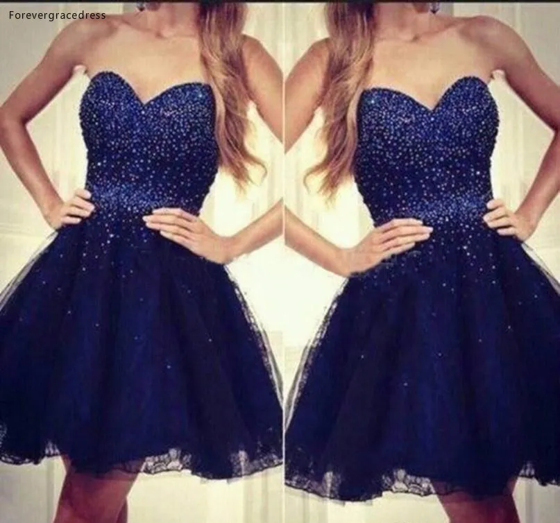 2019 Cheap Navy Blue Sweetheart Short Cocktail Dress A Line Mini Juniors Sweet 15 Graduation Party Dress Plus Size