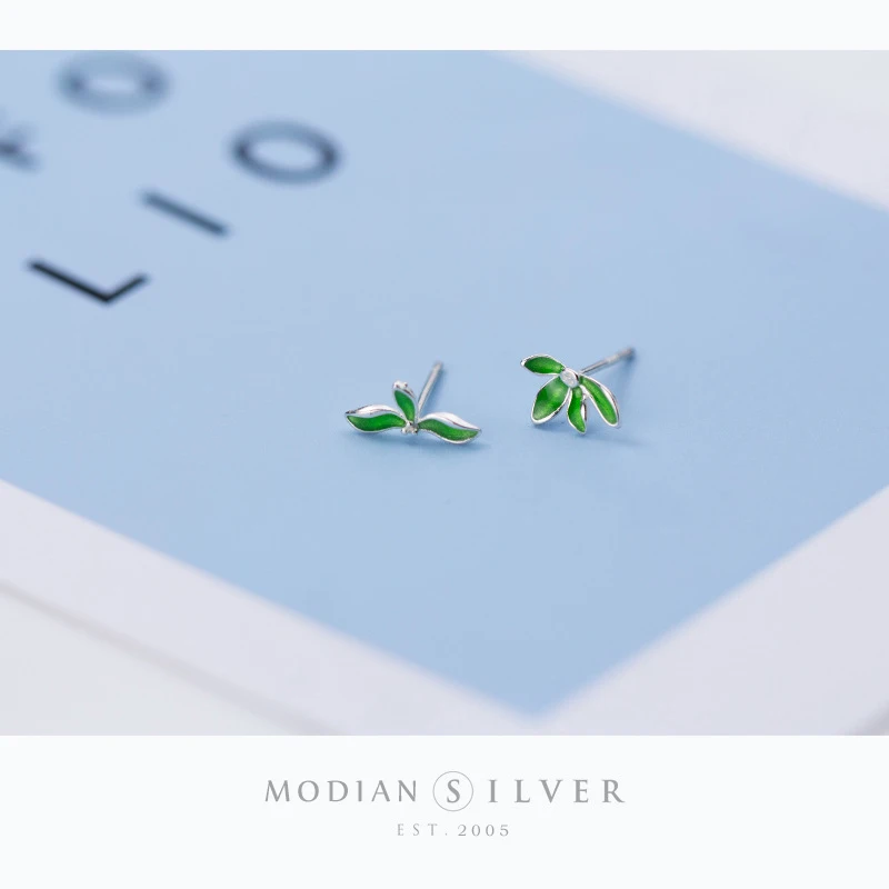 Modian Green Enamel Leaves Stud Earrings for Girls Lady Women 925 Sterling Silver Tree of Life Prevent Allergy Jewelry Brinco