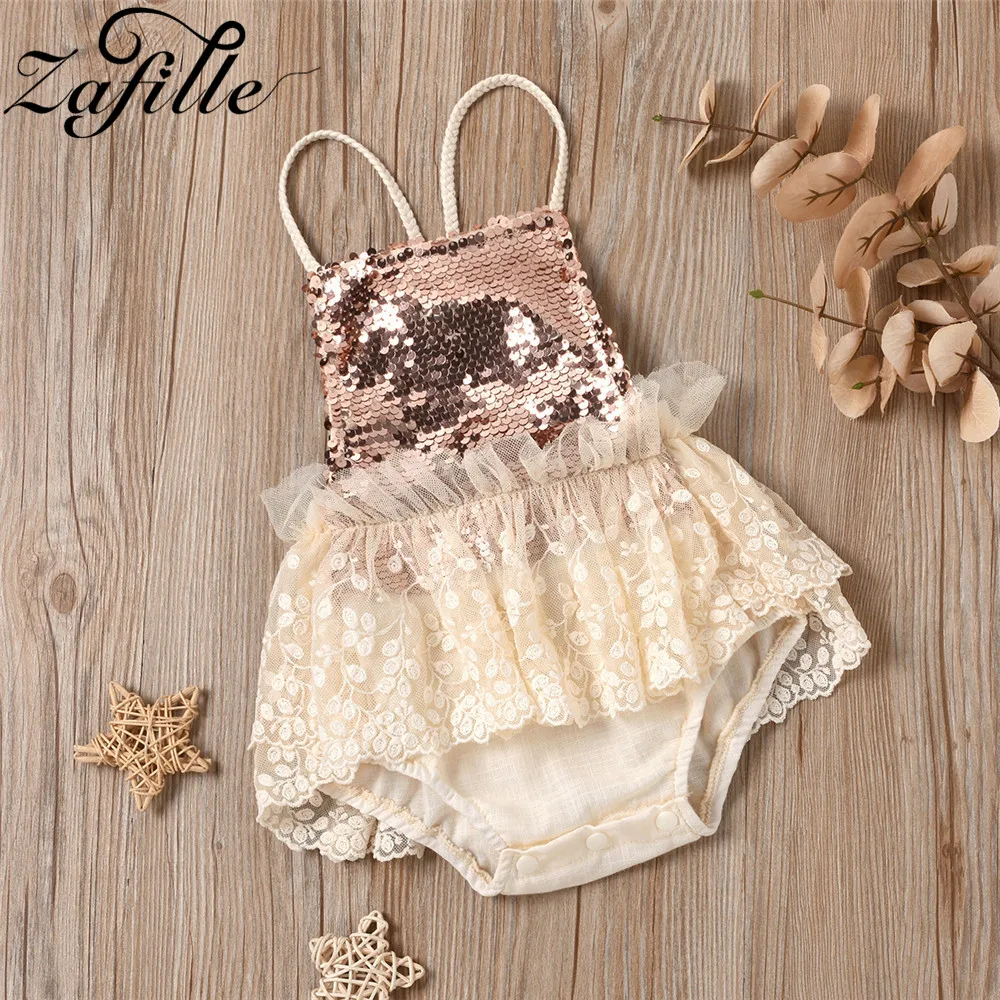 ZAFILLE Solid Baby Girl Onesie Lace Girl Bodysuit For Newborns Clothes Summer Sequins Ribbed Baby Romper Party Baby Photo Shoot