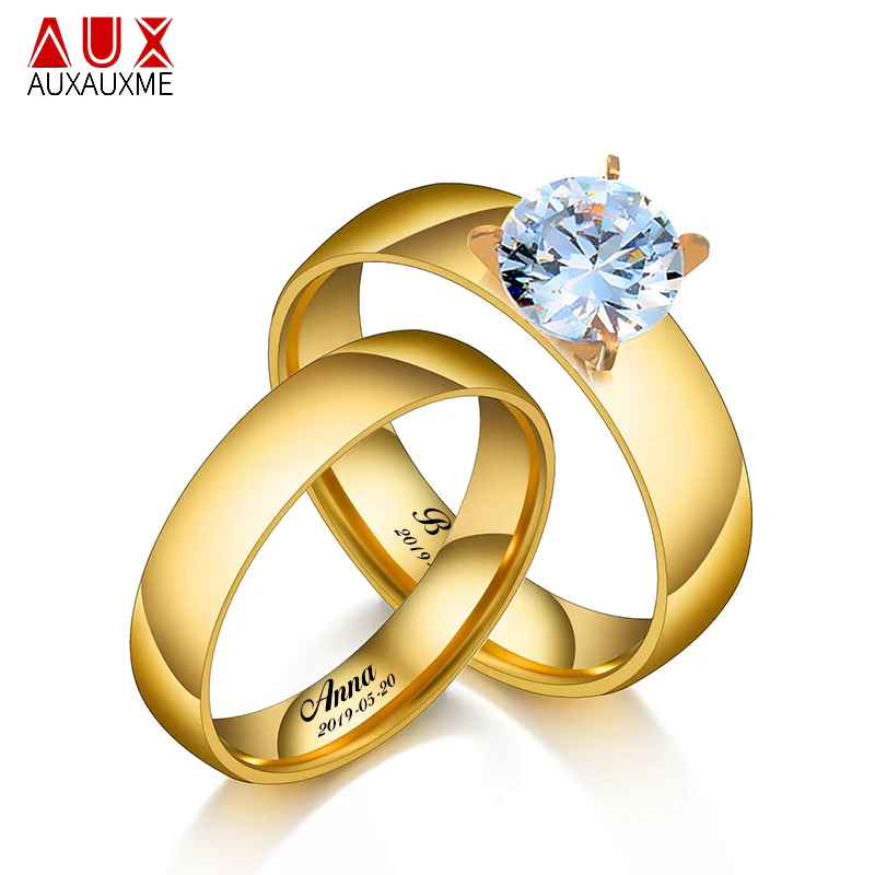 Auxauxme Shining Zirconic Lover\'s Engagement Rings Stainless Steel Engrave Name Date Wedding Band Ring Couple Women Men