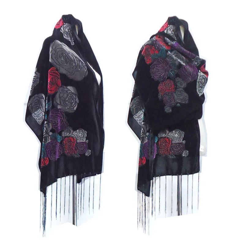 High Quality Black Velvet Rose Shawl Winter Scarf Thicking Warm Vintage Burnout Women Accessory Wedding Ponchos Wrap