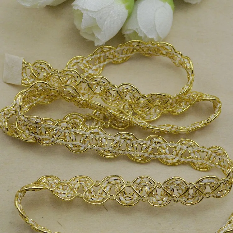 Crochet Lace Trimming Ribbon Tape, DIY Wedding Cosplay Roupas, Tecido de costura, Handmade Headwear, Decoração Ornamentos, Ouro, 10m