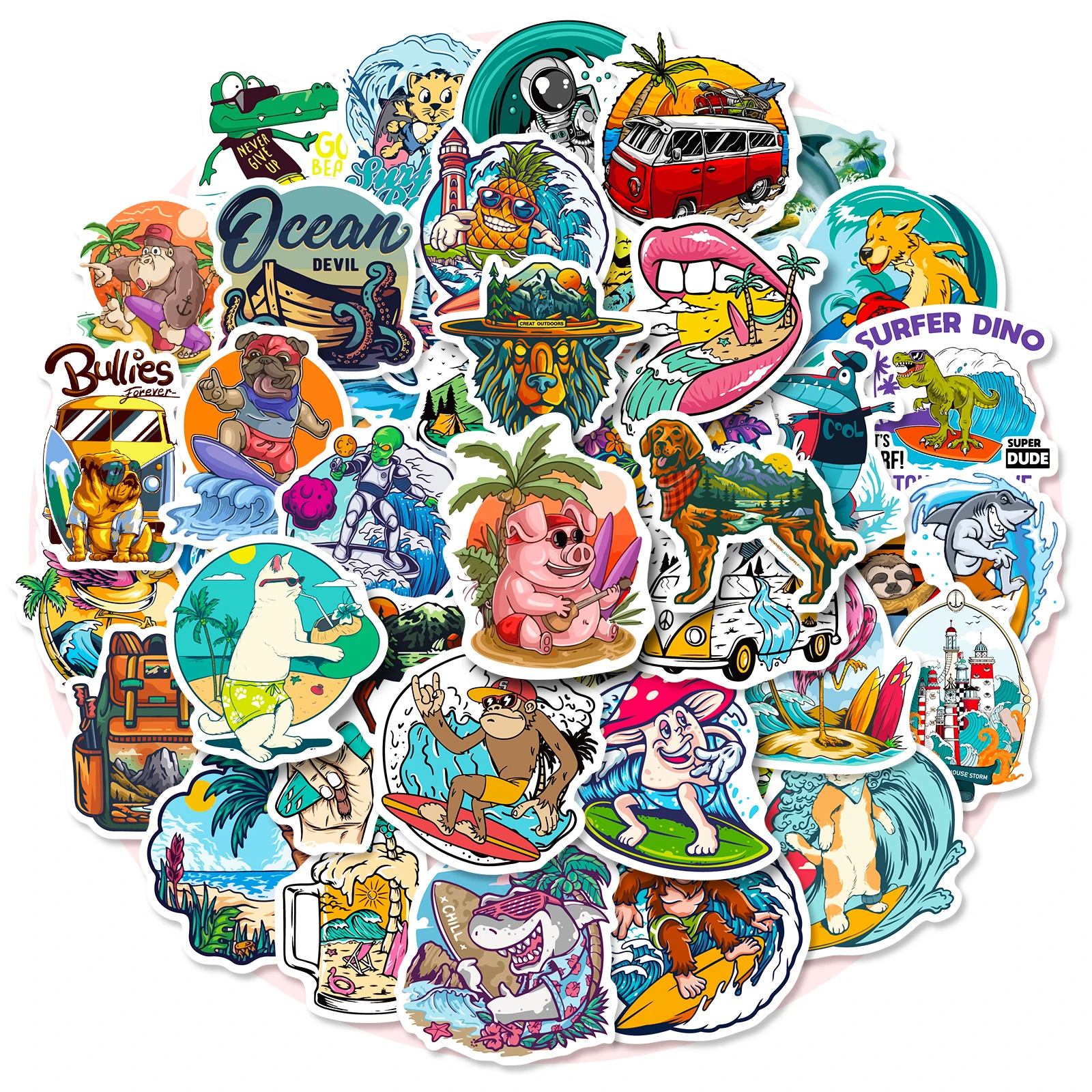 10/30/50 Pcs Beach Surfing Stickers Graffiti For Laptop Guitar Bottle Motorcycle Skateboard Cartoon Animal Graffiti Sticker Toys