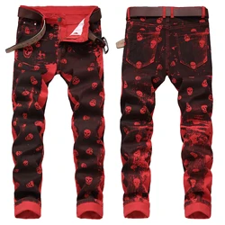 Pantalones de mezclilla elásticos con estampado de calavera para hombre, jeans rojos con estampado de pintura, pantalones casuales adelgazantes, moda urbana