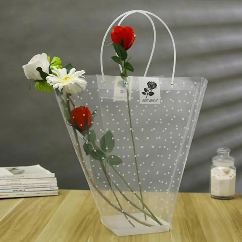 T-Shaped Bouquet Gift Bag Portable Flower Packaging Bag Transparent Polka Dot Flower Bag Waterproof Bouquet Decoration Bag