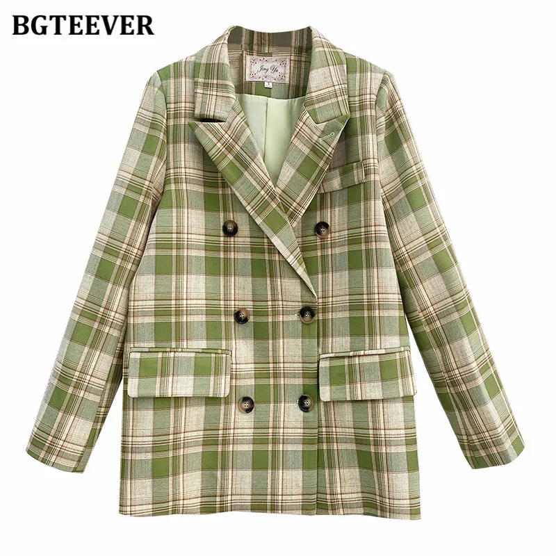 BGTEEVER Vintage Double Breasted Plaid Blazer for Women 2021 Spring Chic Notched Collar Loose Female Suit Jackets