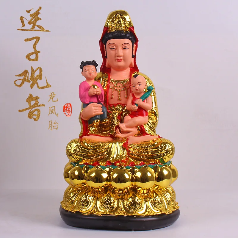 

Figure Buddha Send Baby 12/16inch Gold Base Red Cloth Resin Home Decor Worship Children-Sending Guanyin Statue Ornament Buddhism