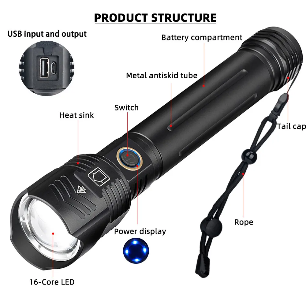 Powerful XHP160 16-Core LED Flashlights 10000mAH XHP110 USB Rechargeable Tactical Flashlights Zoom Torch use 26650/18650 Battery