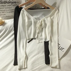 All-match Cardigan Women Daily Summer Sunproof Chic Cropped Cardigans Fashion White Simple Cute Top Harajuku Lace Up Elegant New