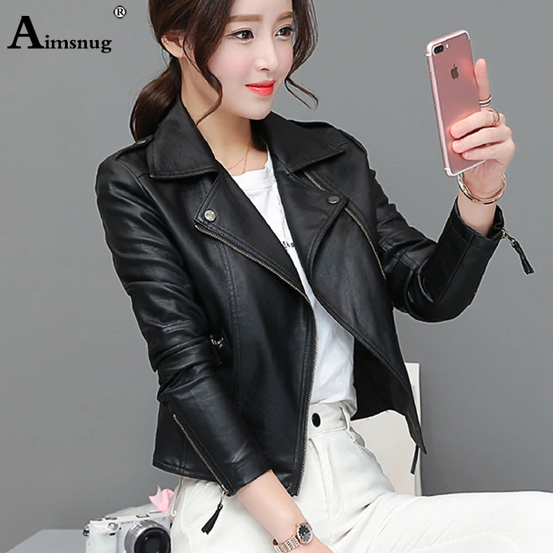 Women Cute Faux Pu Leather Jacket Girls Black Pink 2024 Spring Outerwear Pockets Zipper Office Lady Coat Slim Biker Jackets