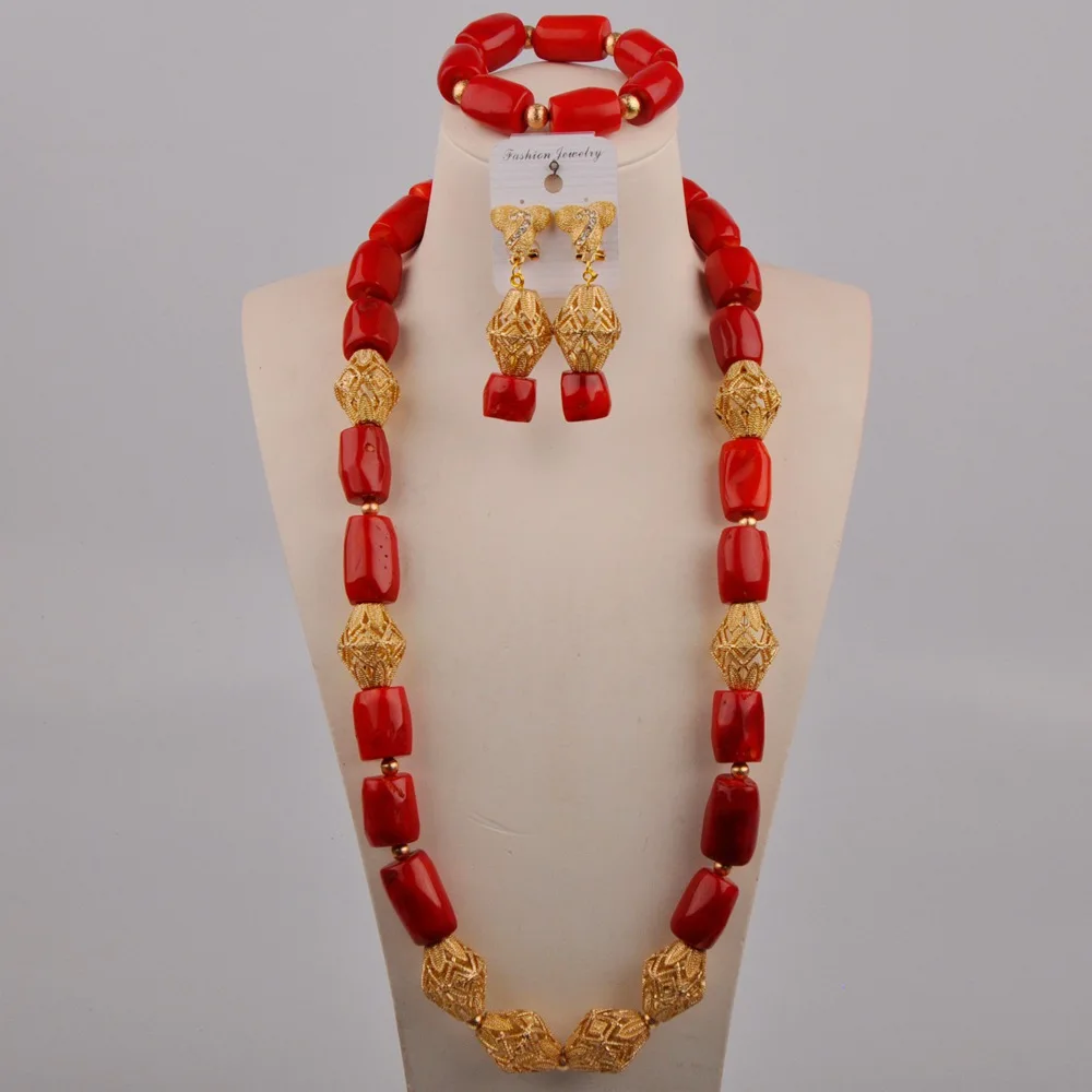 

Banquet Dress Accessories Nigeria Romantic Wedding Red Natural Coral Necklace African Female Bride Wedding Jewelry Set AU-650