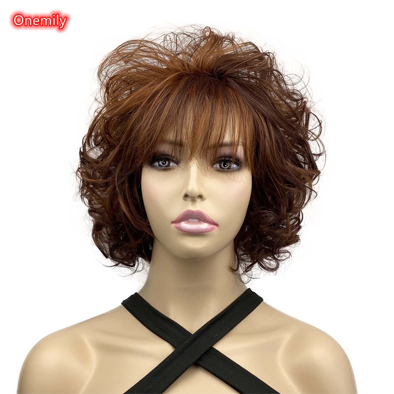 

Onemily Heat Resistant Natural Short Curly Auburn Women Synthetic Wigs with Bangs