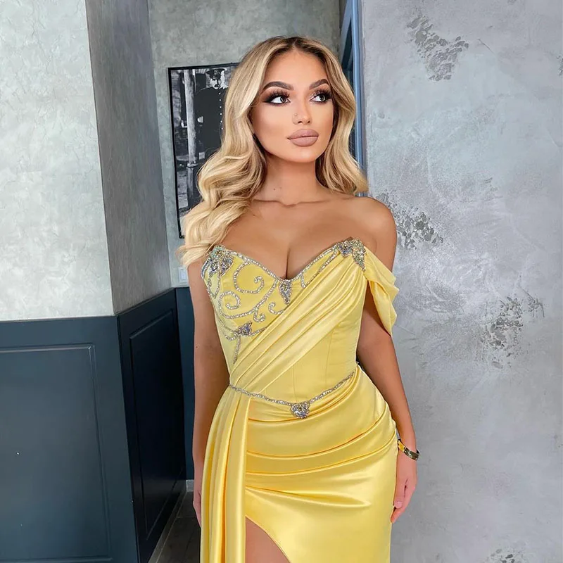 SoDigne Yellow Beads Elegant Formal Dress Off The Shoulder Pleat Evening Dress Side Split Women Evening Gowns abendkleider