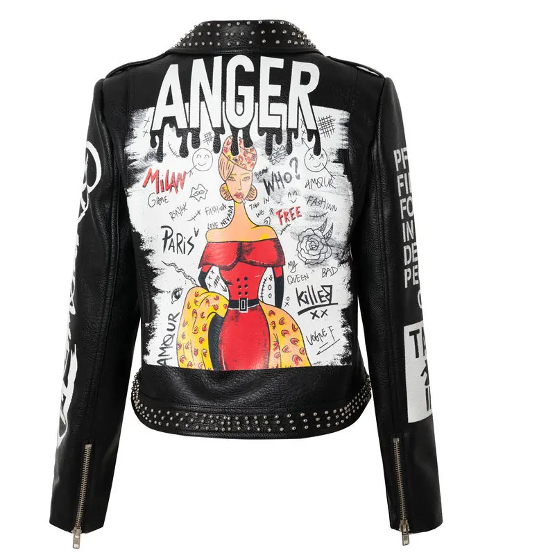 Letter Print Graffiti Lapel Leather Jacket Female Rivet Punk Style Cool Motorcycle Jacket Women Large Size Coat Streetwear Y1104