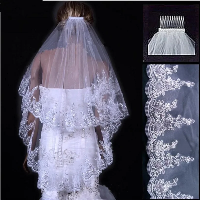 Voile de Mariage Blanc Ivoire à Deux Couches, en Tulle Court avec Peigne en Dentelle, Accessoires de Mariée, Bon Marché, Vente en Gros