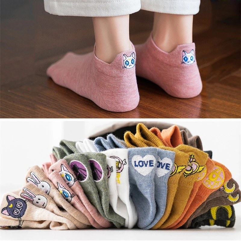 10Pairs/Lot Cartoon Embroidery Women Cotton Socks Set Colorful Fashion Anime Moon Short Heel Socks Girls Pink Happy Kawaii Socks