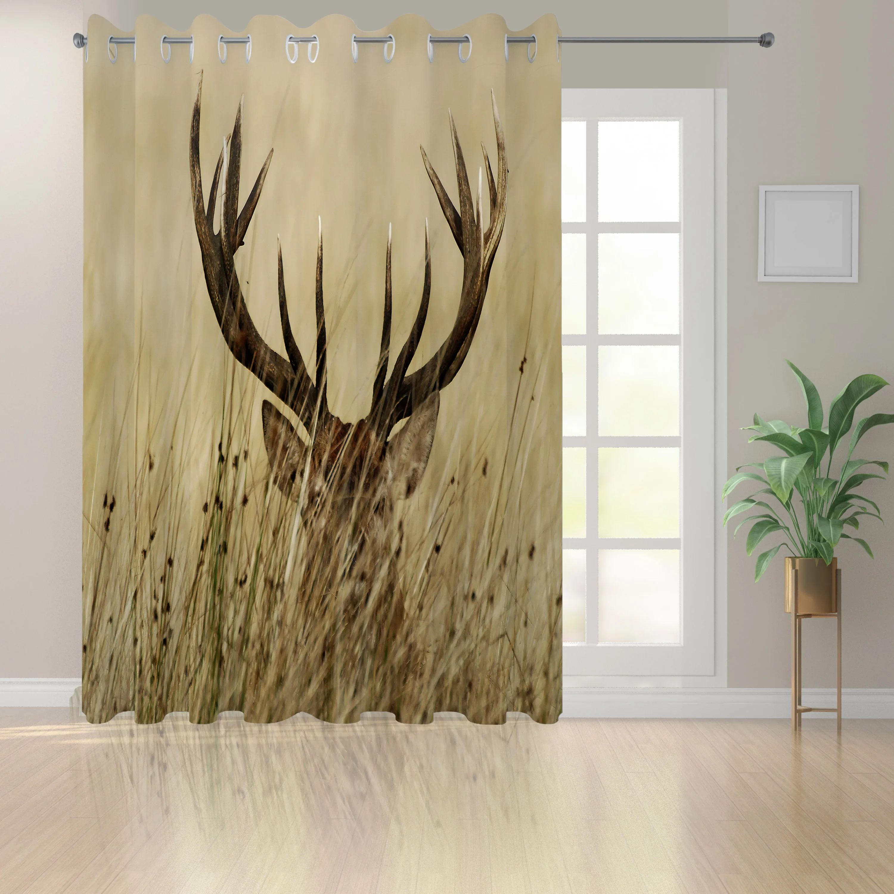 Antler Curtains Whitetail Deer Fawn in Wilderness Stag in Countryside Rural Hunting Theme Living Room Bedroom Window Drapes