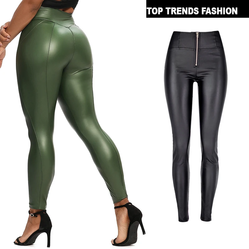 High Waist Zipper Pu Leggings For Women Black Push Up Leggins Lady Sexy Booty Stretch Slim Sport Pants Pu Leather Legging Female