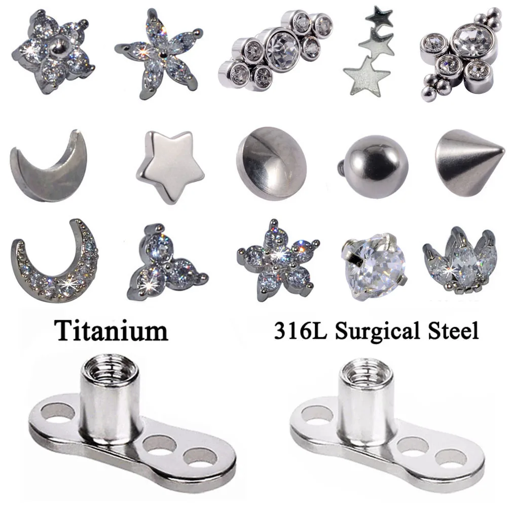 1 PC Surgical Steel Dermal Anchor Moon Shape Micro Dermal Anchor Flower Star Piercings Skin Diver Piercing Body Jewelry 14g