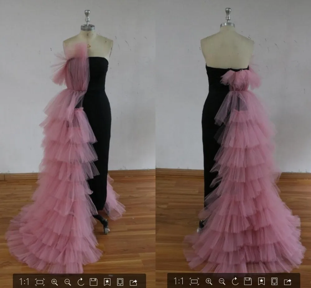 Tendance 2021 noir droit robe de bal 2020 Couture rose Tulle à plusieurs niveaux longues robes de soirée volants arabe formelle femmes robe de soirée