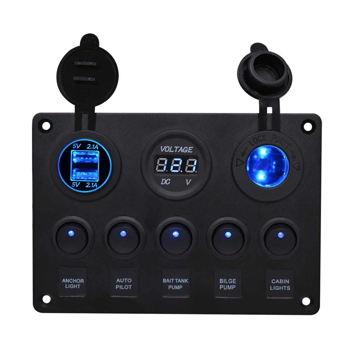 

5 Gang Rocker Switch Panel for 12V Car Boat Yacht Caravan Truck Waterproof 4.2A Dual USB Socket LED Voltmeter Cigarette Lighter