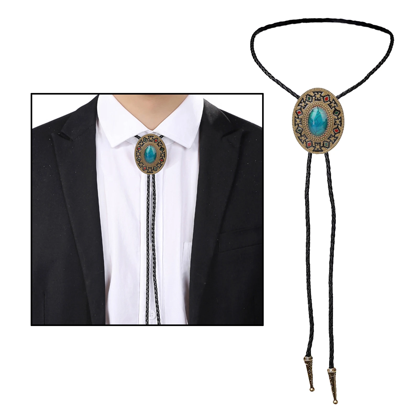 Blue Natural Turquoise Enamel Pattern Bolo Tie Western Cowboy Vintage Handmade Leather Rope Necktie Mens Accessories