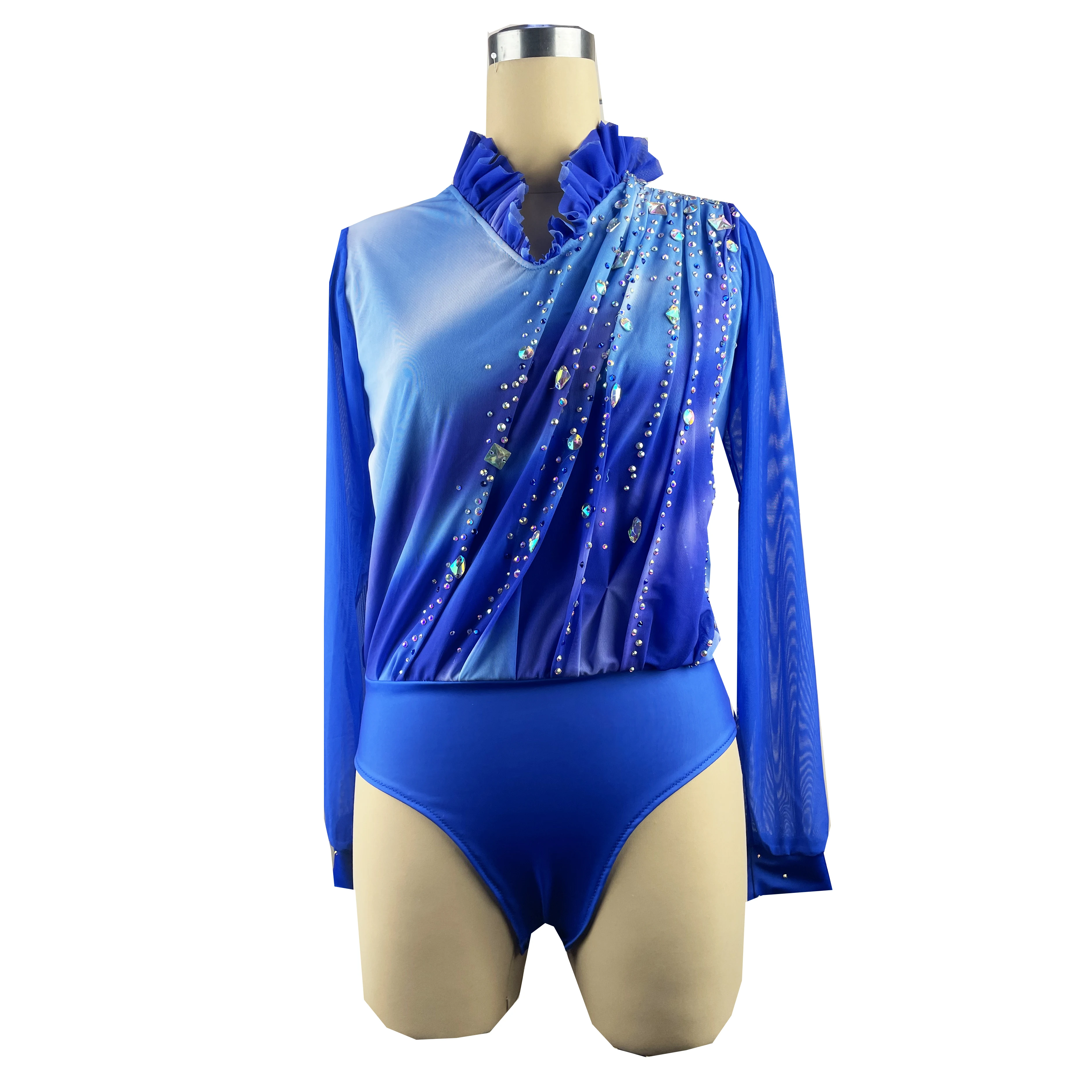 Blue Figure Skating Dress Long sleeve  Ice Skating Skirt Spandex