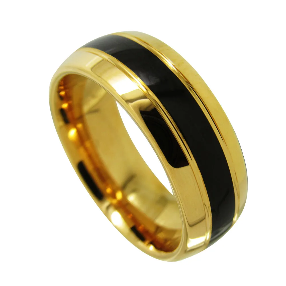 

8mm Width Gold Tone Rings for Men Tungsten Carbide Wedding Band High Polished With Black Color Two Groove Size 6-13