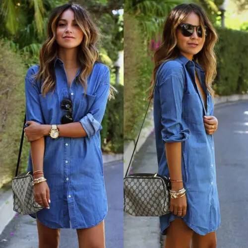 Factory Direct Sales Women Denim Jeans Dress Button Summer Long Sleeve Casual Tops Shirt Dress