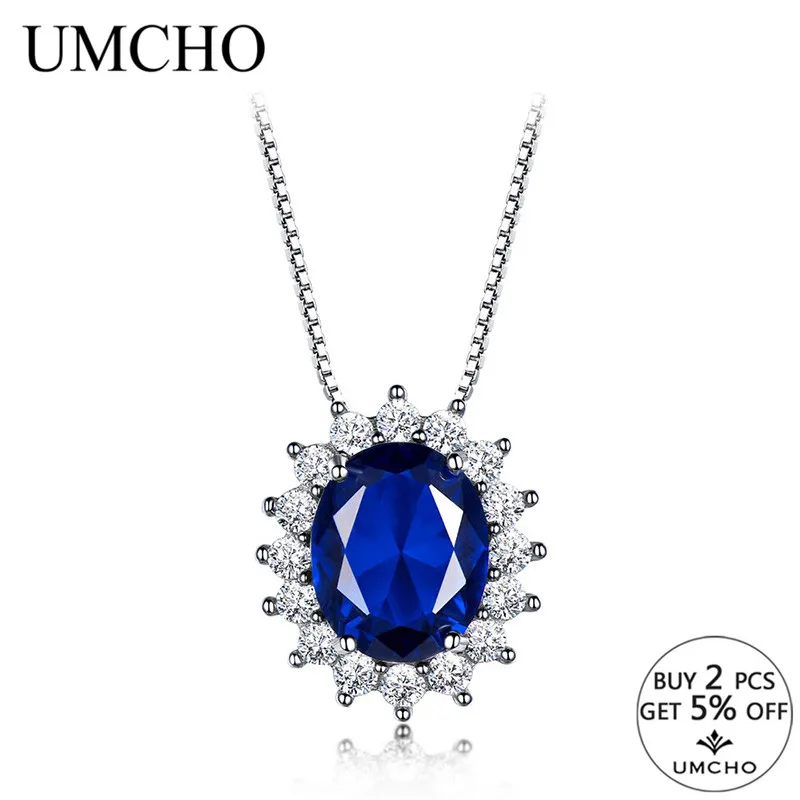 UMCHO Princess Diana Necklace Pendant 925 Sterling Silver Jewelry Created Sapphire Necklace Wedding For Women Gift  Fine Jewelry