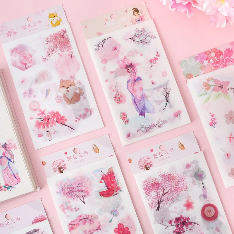 6 Sheets/Set Japanese Cherry Blossom Decoration Sticker DIY Scrapbooking  PVC Stationery Diary Stickers