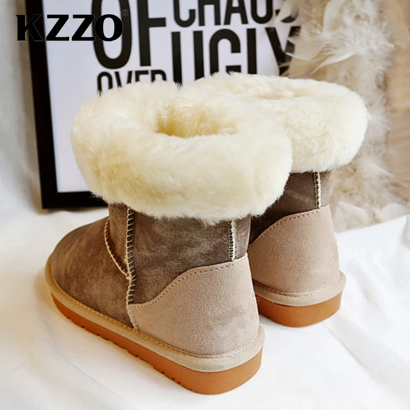 KZZO New Sheepskin Mid-calf Winter Boots for Women Australia Classic Natural Sheep Fur Wool Lined Snow Boots Warm Shoes Non-slip