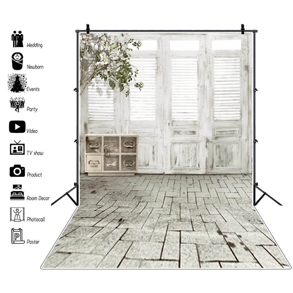 Grunge House Wood Door Window Curtain Vase Interior Photographic Backgrounds Baby Portrait Photo Backdrops Birthday Photozone