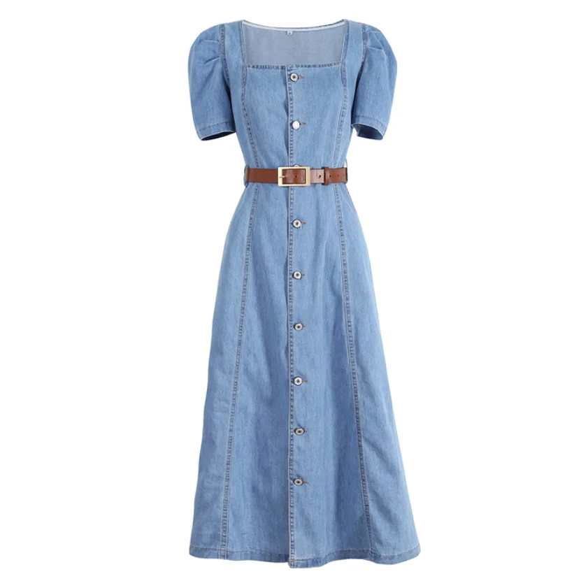 

New single breasted Women Denim Long Dress Fashion square collar puff Sleeve Dress With Belt