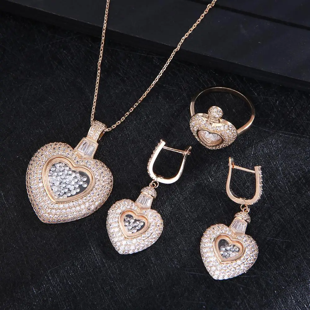 Luxury Heart Pendant Lover\'s Cubic Zircon For Women Wedding Dubai Bridal Jewelry Sets D1403