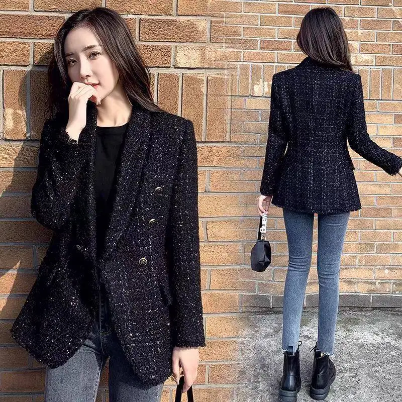 Winter Women Fashion Tweed Double Breasted Black Blazer Coat Vintage Long Sleeve Flap Pockets Female Outerwear Chic Suit Femme