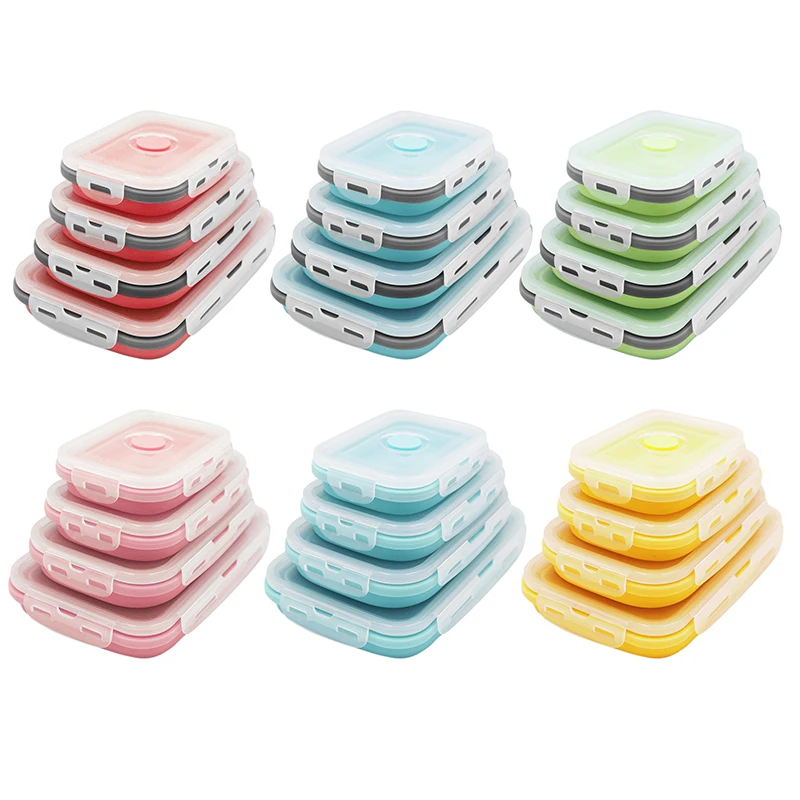 

4 Pack Meal Prep Containers Silicone Collapsible Foodbox Storage Bento Box WIth Lid Microwavable BPA Free Diswasher Freezer Safe