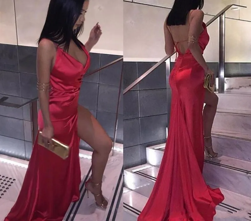 2021 afryki tanie Sexy Backless czerwony wysoki podział suknie wieczorowe V Neck proste satynowy suknie na bal maturalny Custom Made