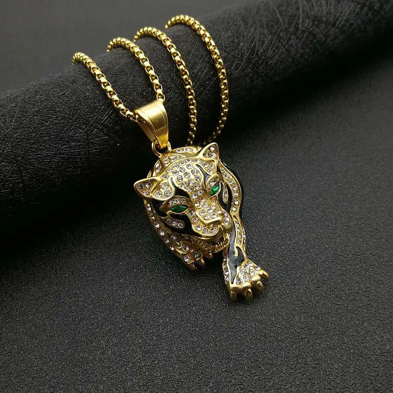 New Animal Tiger Pattern Pendant Necklace Men's Necklace Crystal Inlaid Necklace Metal Sliding Pendant Accessories Party Jewelry