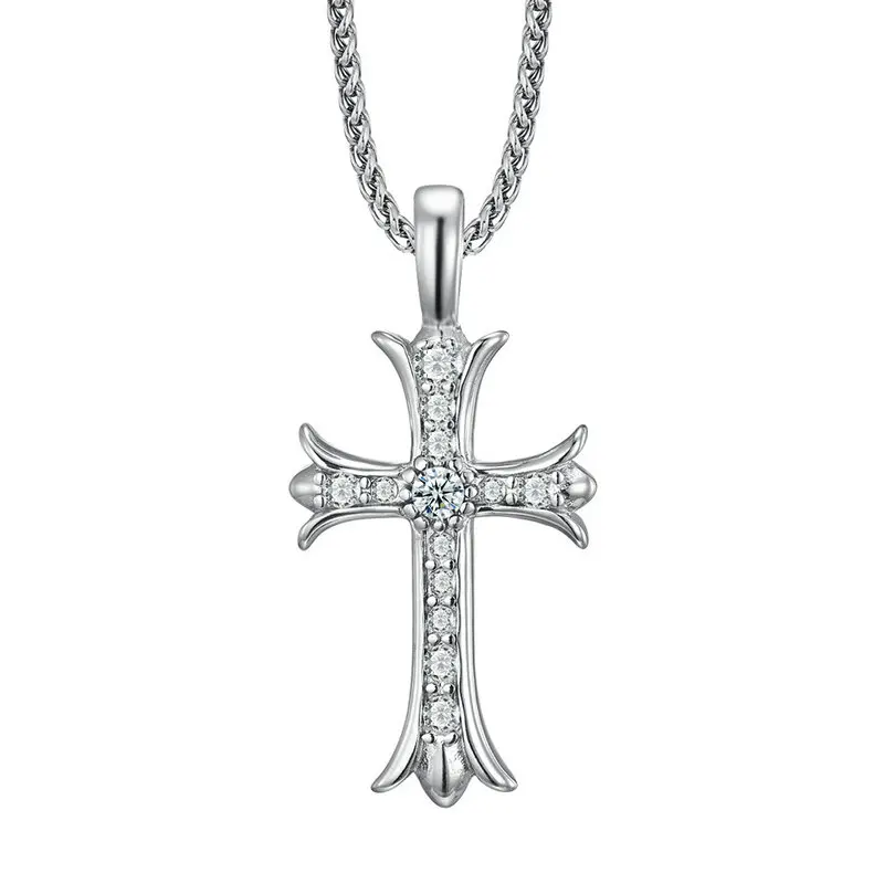 2021 New Fashion Male Crystal Zirconia Cross Pendant Necklace Stainless Steel 60CM Link Chain Jewelry For Men Best Gift