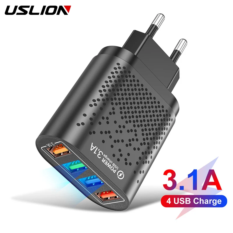 USLION 4 Port USB-C Charger 3.1A Quik Charge 3.0 Mobile Phone Fast Charging For iPhone 11 12 Pro Max Xiaomi Fast Wall Chargers