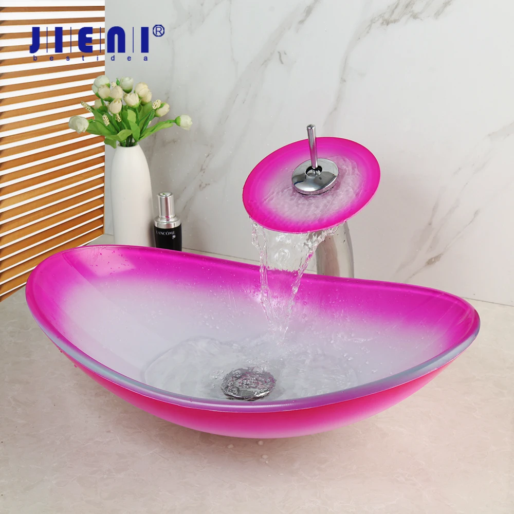 JIENI Pink Flower Bathroom Sink Artistic Tempered Glass Vessel Vanity Hand Paint Countertop Bowl Tempered Glass Basin Faucet Set