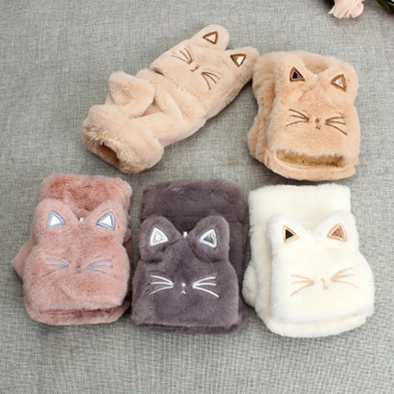 Women Winter Warm Plus Velvet Thicken Half Finger Flip Cycling Driving Gloves Cute Cat Fingerless Touch screen Mittens H10