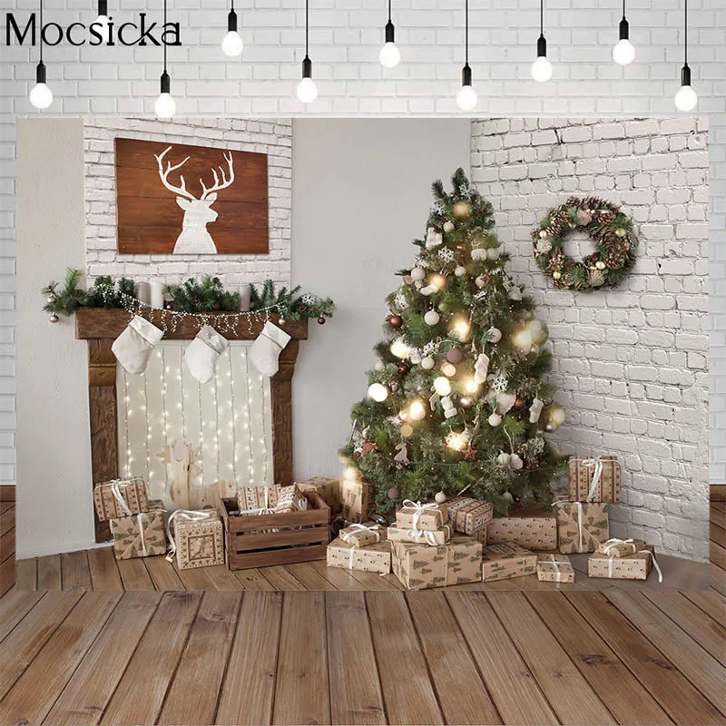 

Winter Christmas Photography Backdrops Xmas Tree Fireplace Gift Brick Wall Floor Decor Child Portrait Photo Background Photocall